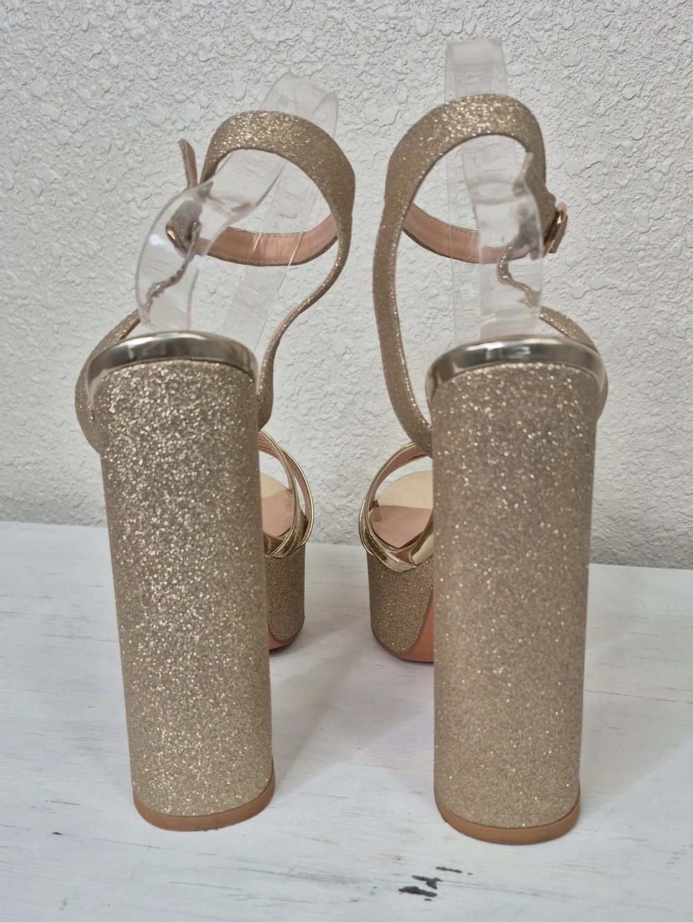 Gold Glitter Platform Block Heel Shoes Sandals Women's 10
